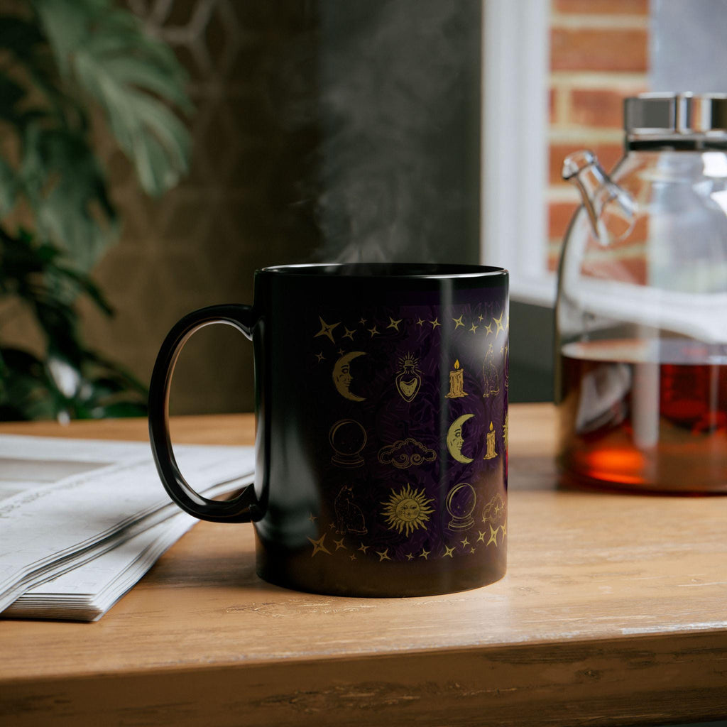 Celestial Mug | Black Coffee Cup with Whimsical Icon Pattern