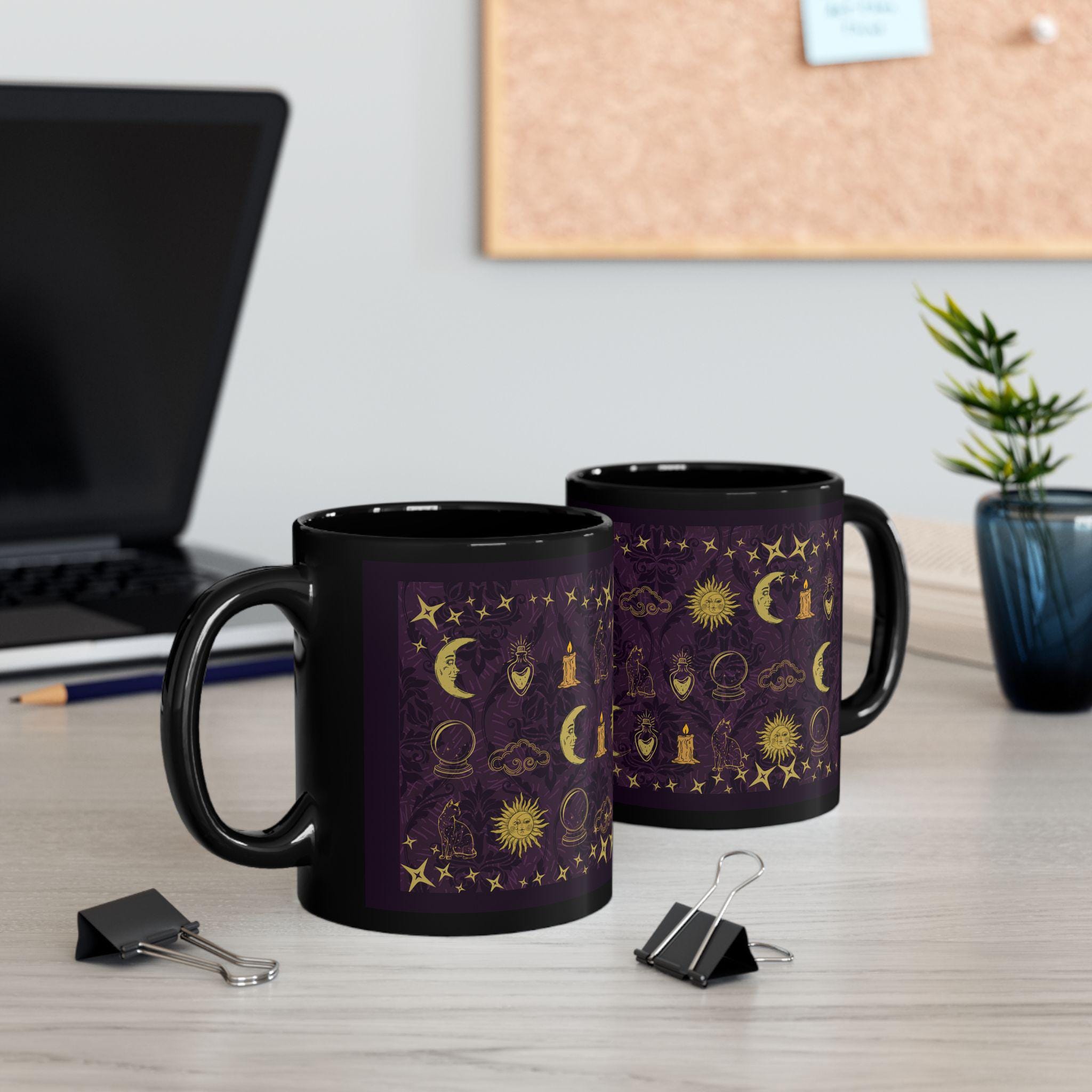 Celestial Mug | Black Coffee Cup with Whimsical Icon Pattern