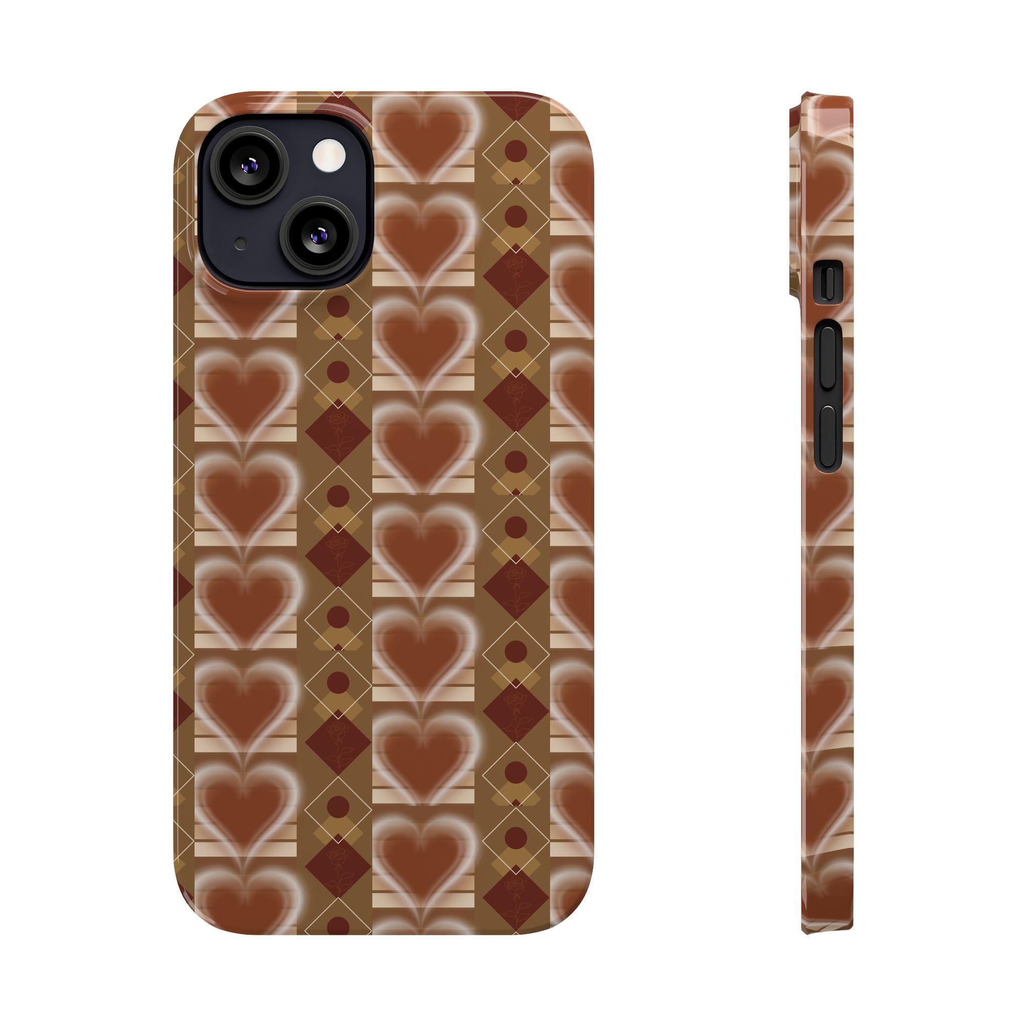 Fall Inspired Phone Case — Retro Brown Heart Pattern Slim Phone Case