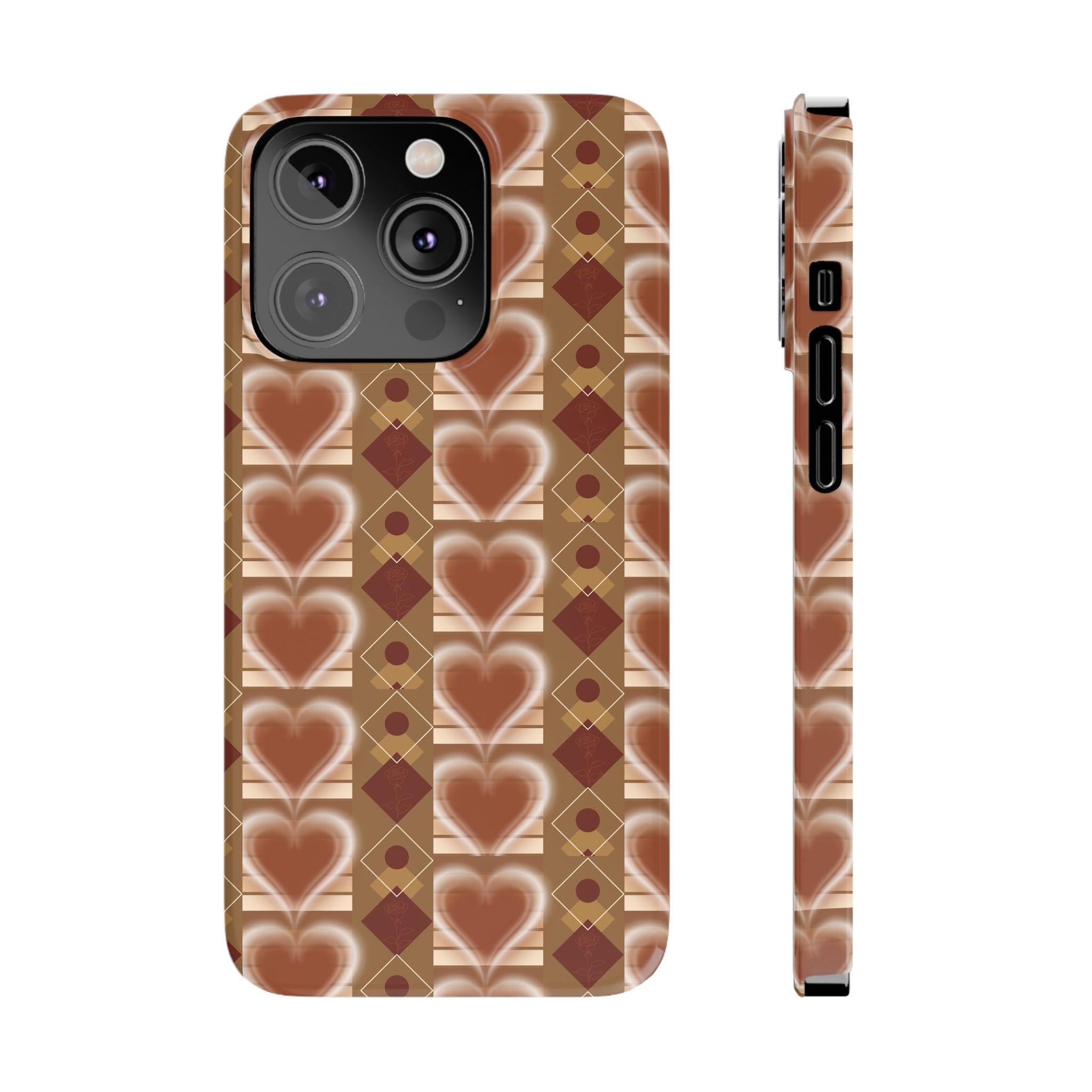 Fall Inspired Phone Case — Retro Brown Heart Pattern Slim Phone Case