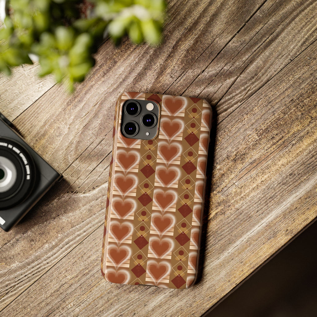 Fall Inspired Phone Case — Retro Brown Heart Pattern Slim Phone Case