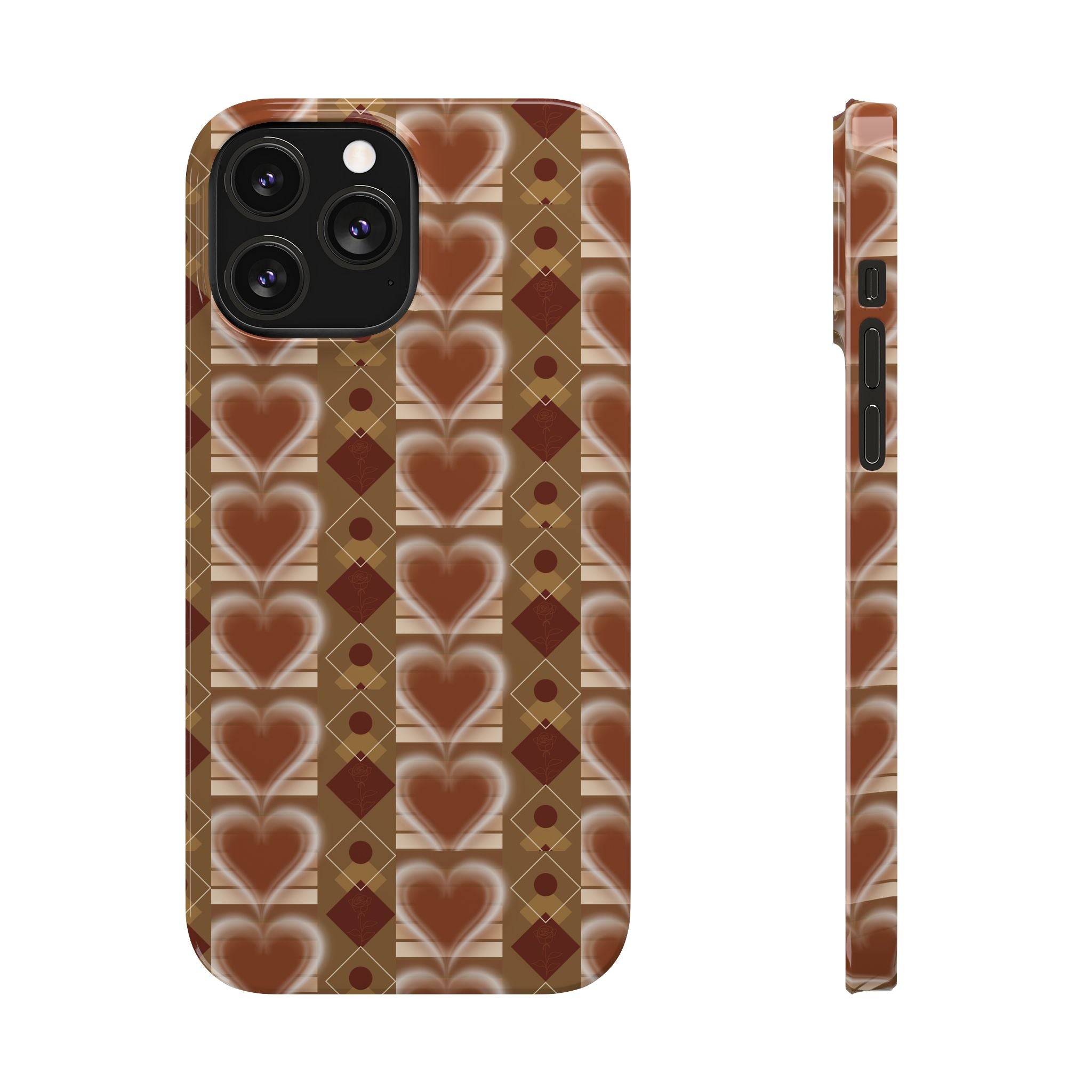 Fall Inspired Phone Case — Retro Brown Heart Pattern Slim Phone Case