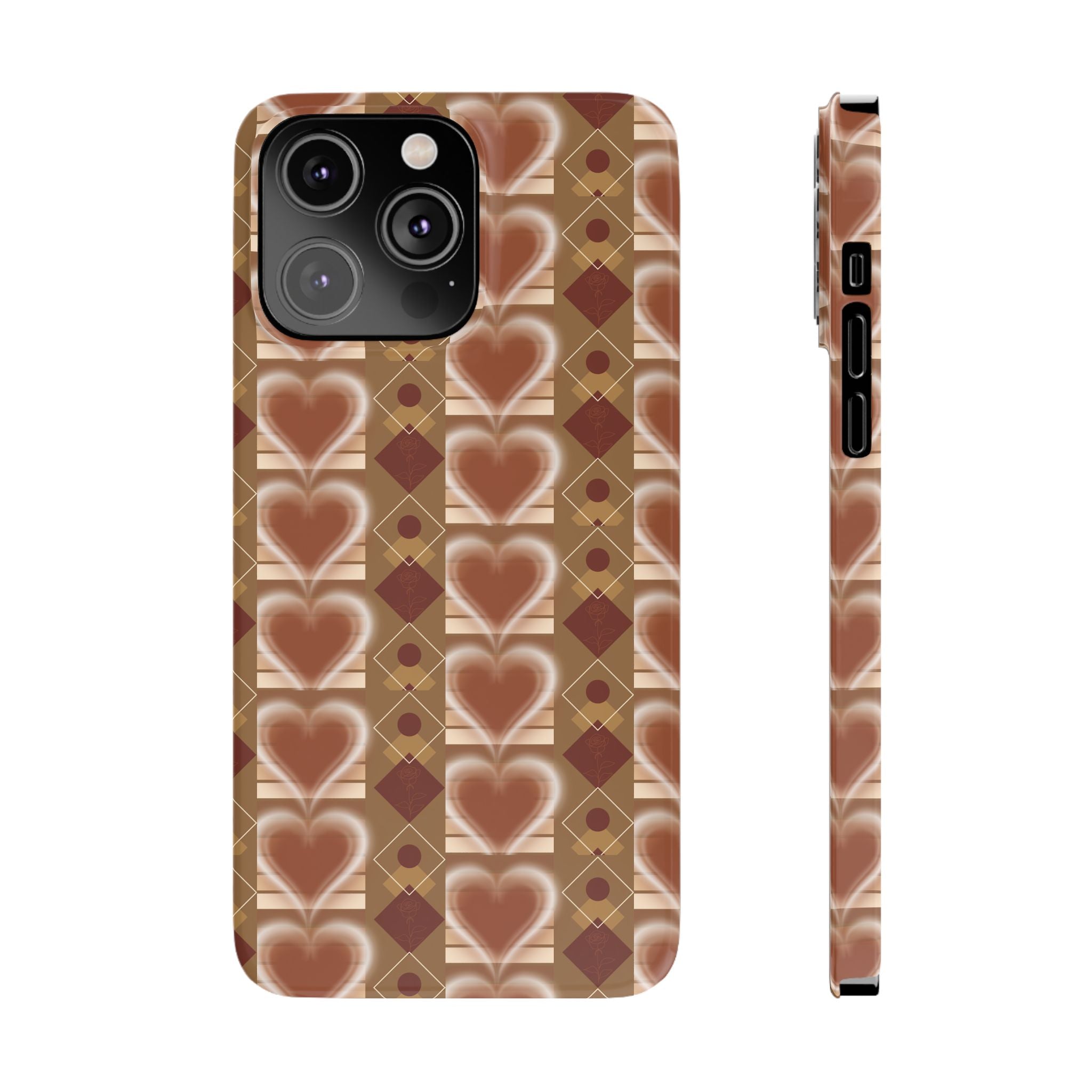 Fall Inspired Phone Case — Retro Brown Heart Pattern Slim Phone Case