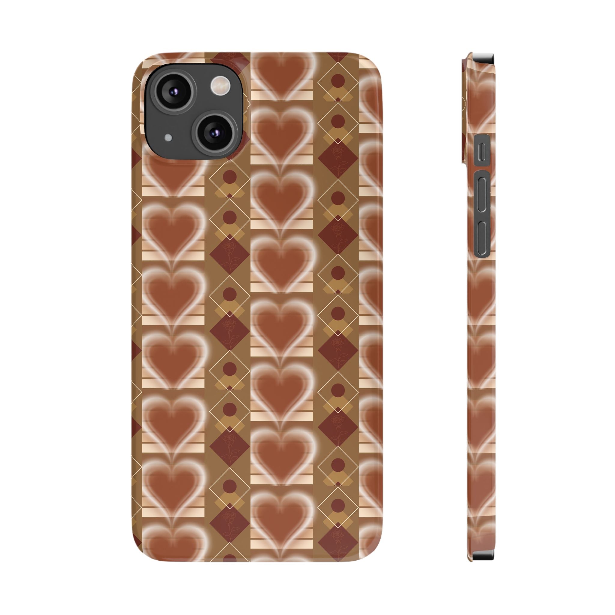 Fall Inspired Phone Case — Retro Brown Heart Pattern Slim Phone Case