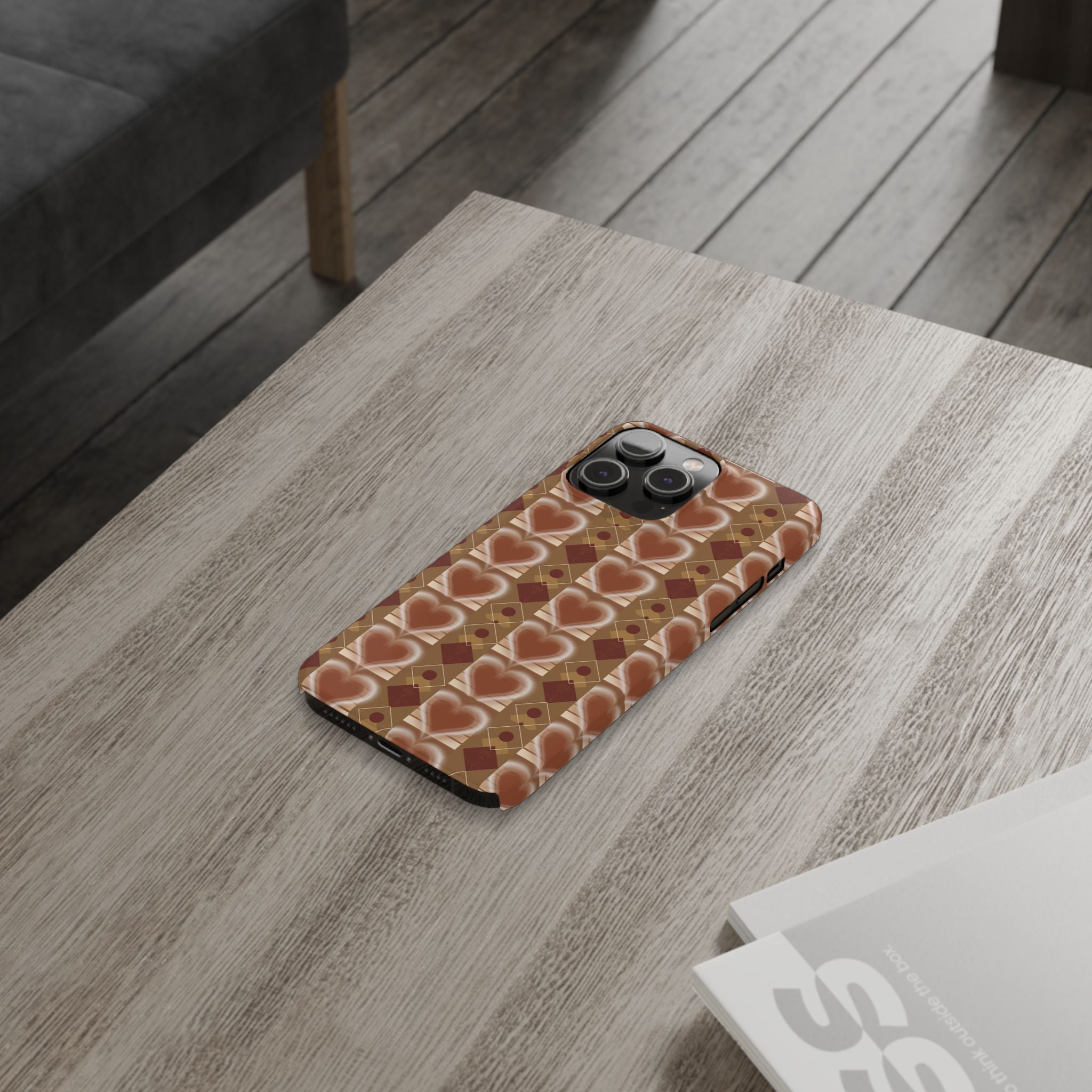 Fall Inspired Phone Case — Retro Brown Heart Pattern Slim Phone Case