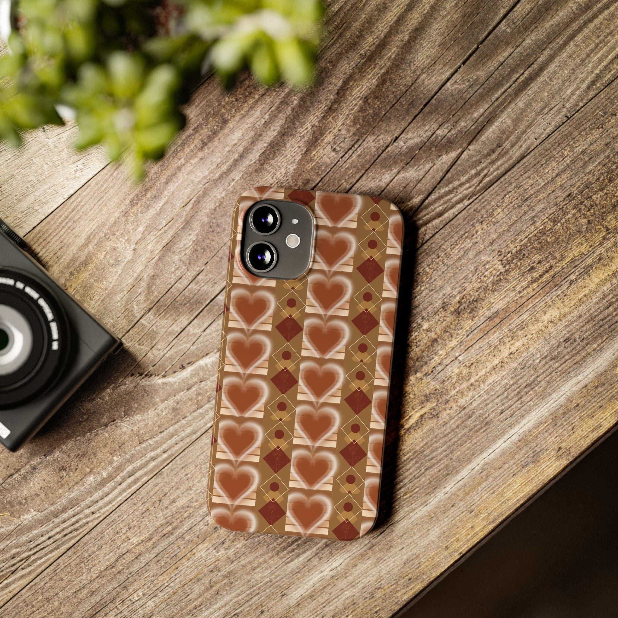 Fall Inspired Phone Case — Retro Brown Heart Pattern Slim Phone Case