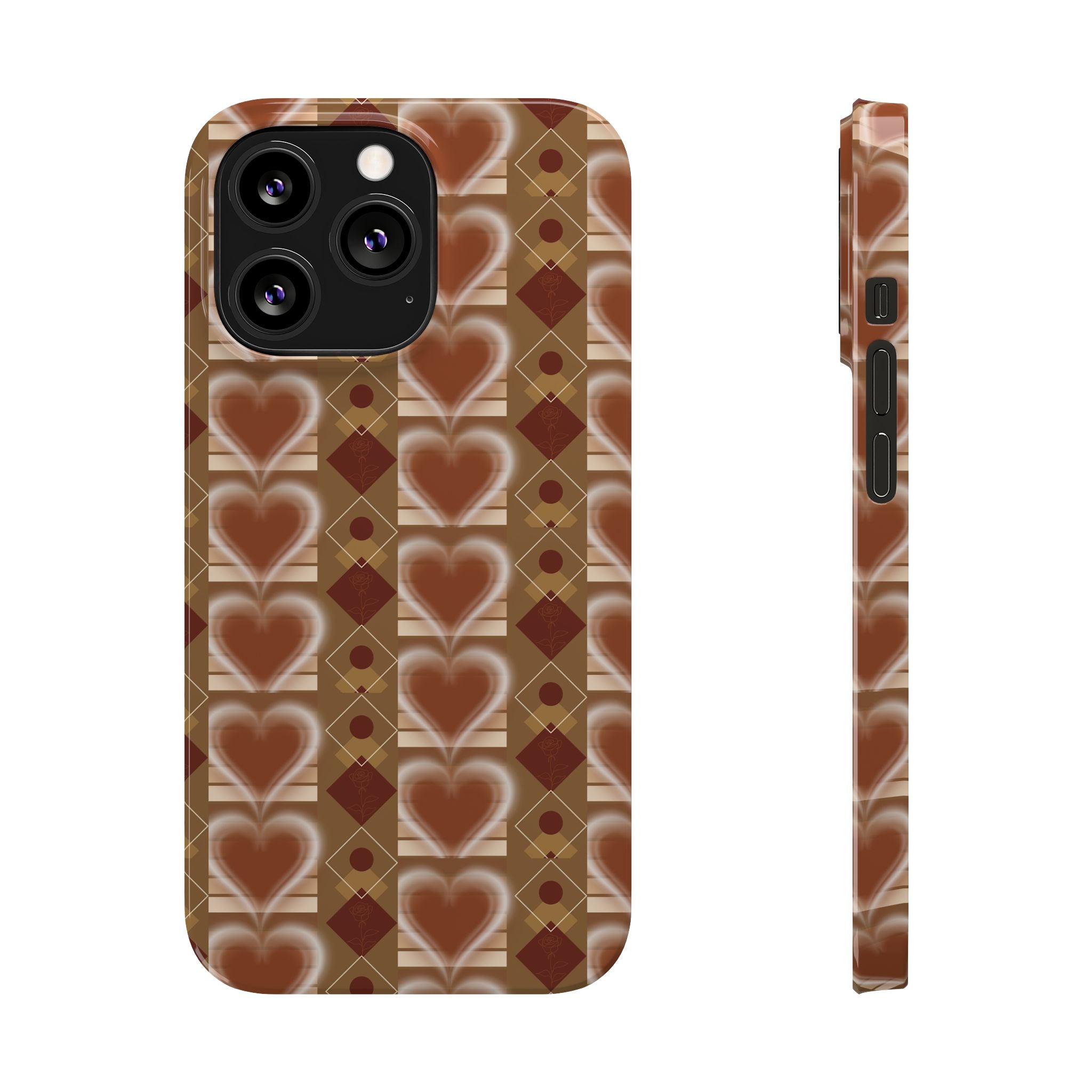 Fall Inspired Phone Case — Retro Brown Heart Pattern Slim Phone Case