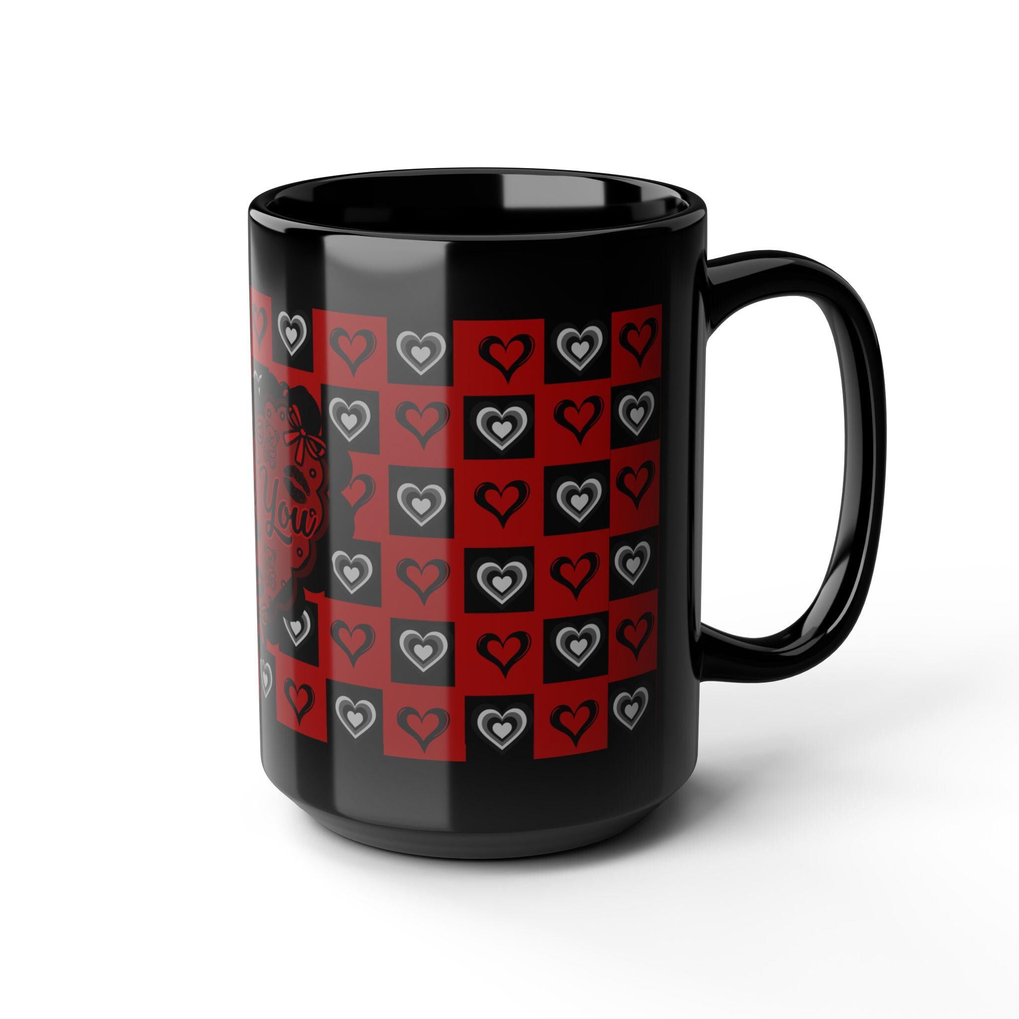 Valentine's Day Inspired "Love You" Mug | 15oz Black Ceramic Heart Patterned