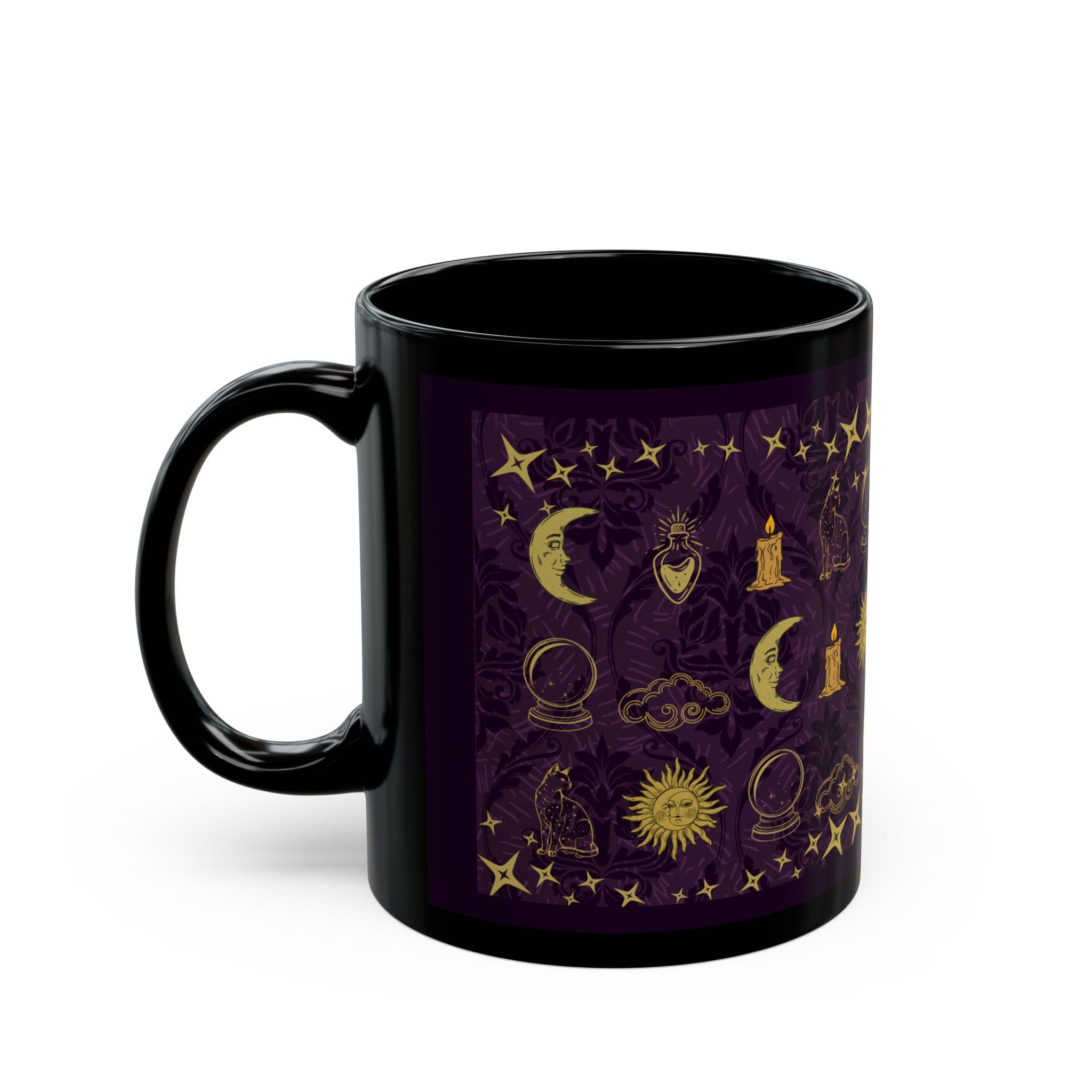 Celestial Mug | Black Coffee Cup with Whimsical Icon Pattern