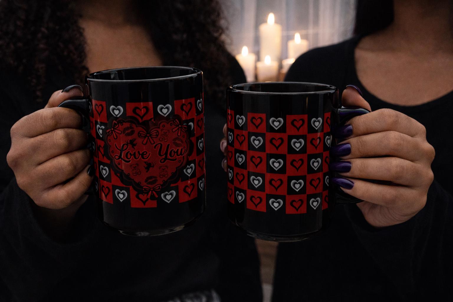 Valentine's Day Inspired "Love You" Mug | 15oz Black Ceramic Heart Patterned