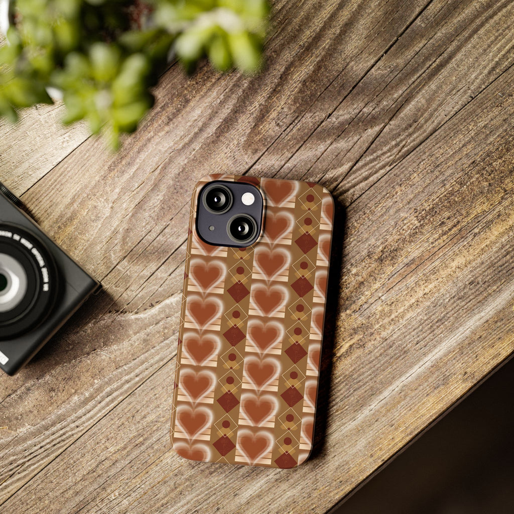 Fall Inspired Phone Case — Retro Brown Heart Pattern Slim Phone Case