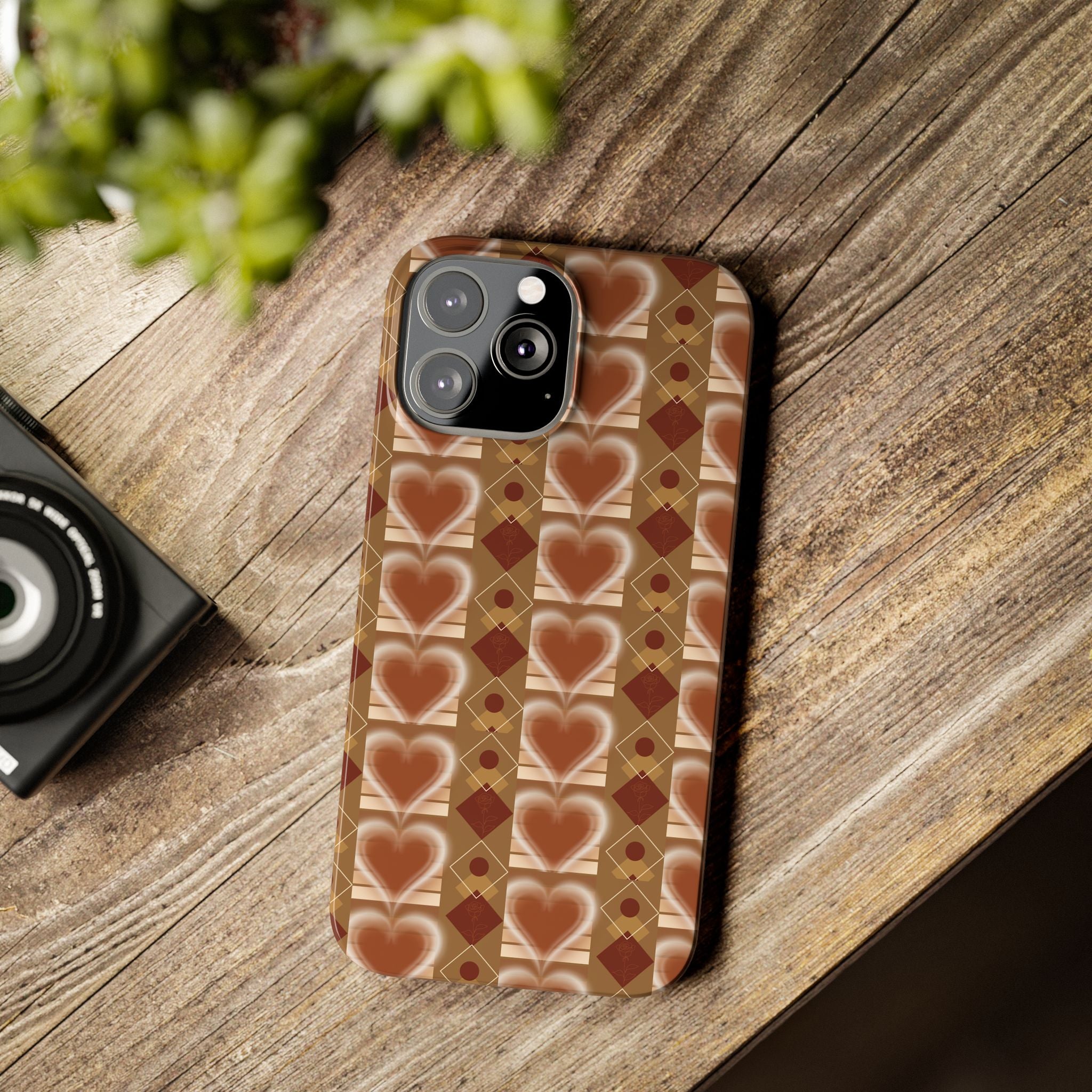 Fall Inspired Phone Case — Retro Brown Heart Pattern Slim Phone Case