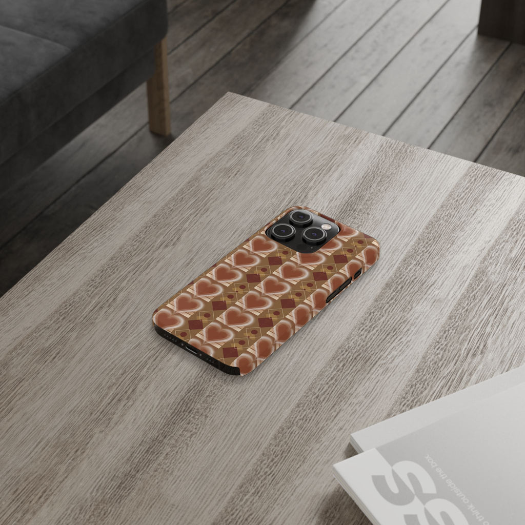 Fall Inspired Phone Case — Retro Brown Heart Pattern Slim Phone Case