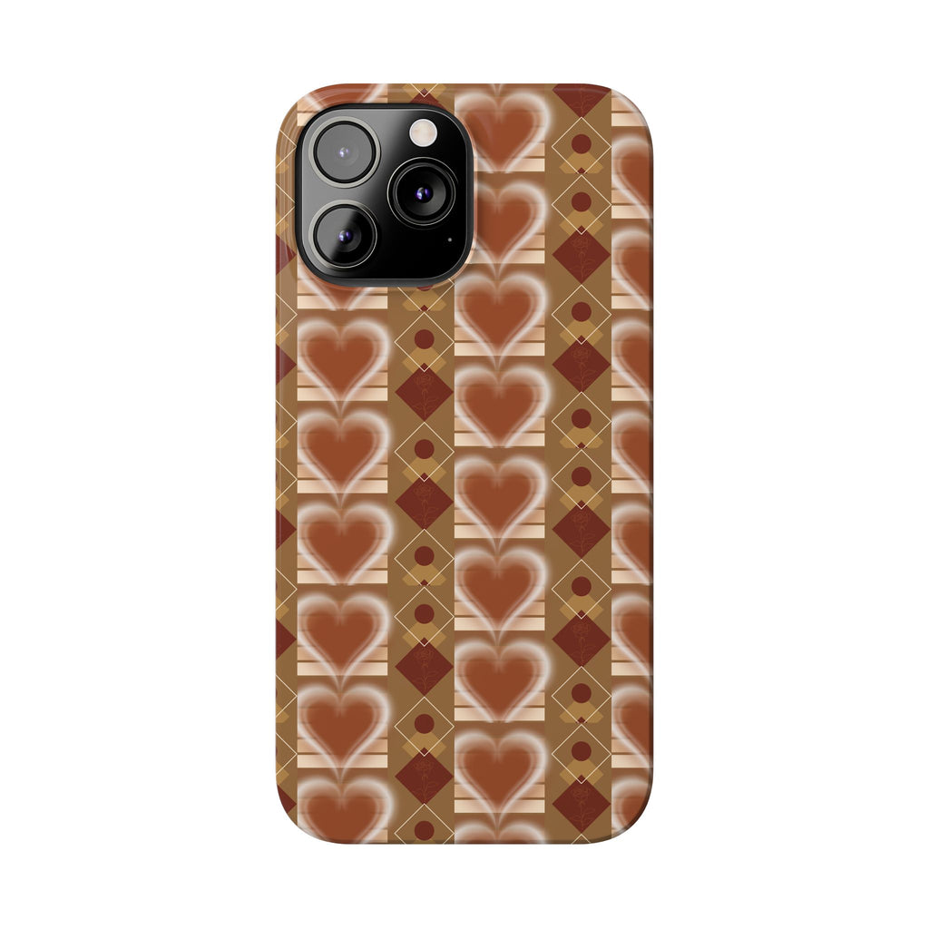 Fall Inspired Phone Case — Retro Brown Heart Pattern Slim Phone Case