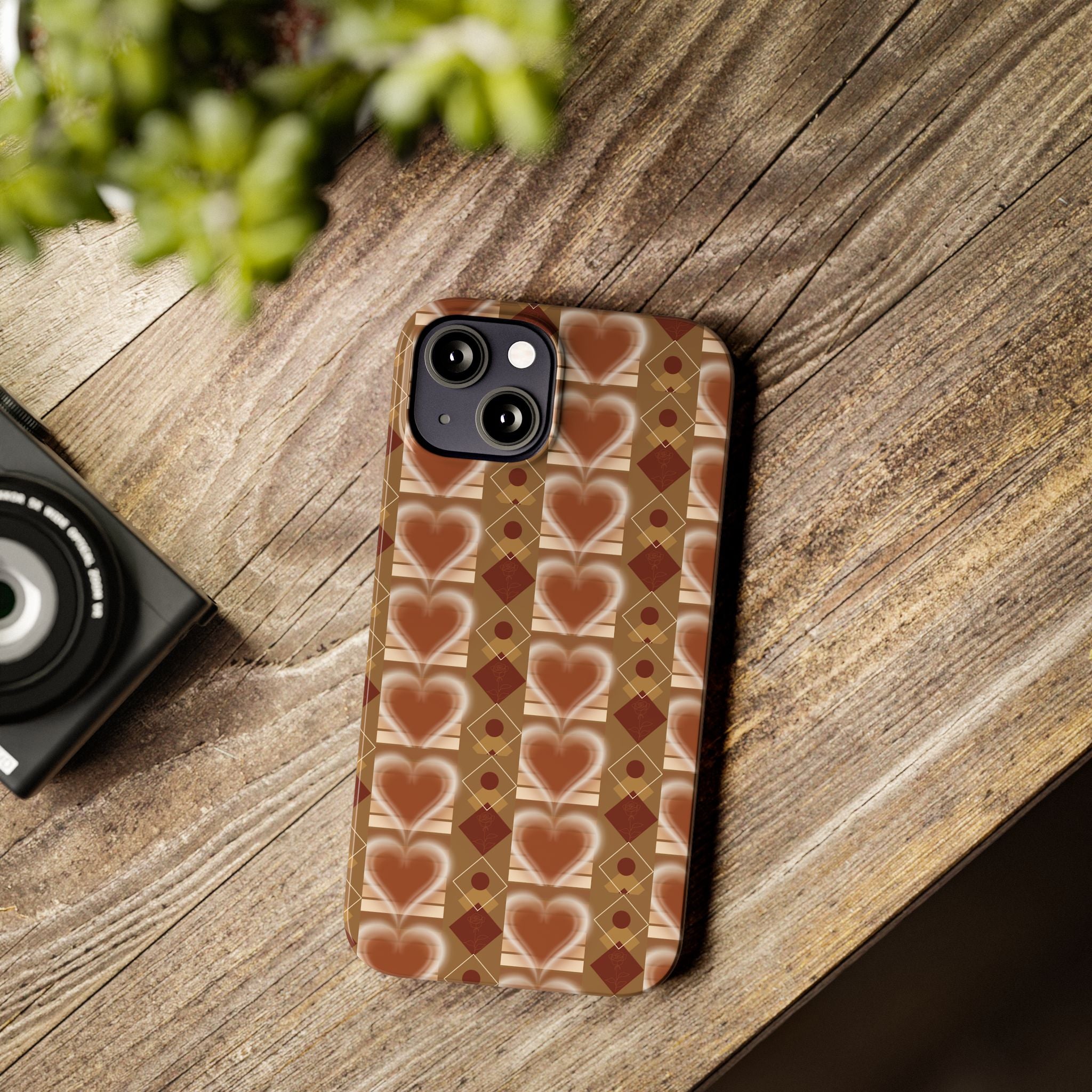 Fall Inspired Phone Case — Retro Brown Heart Pattern Slim Phone Case