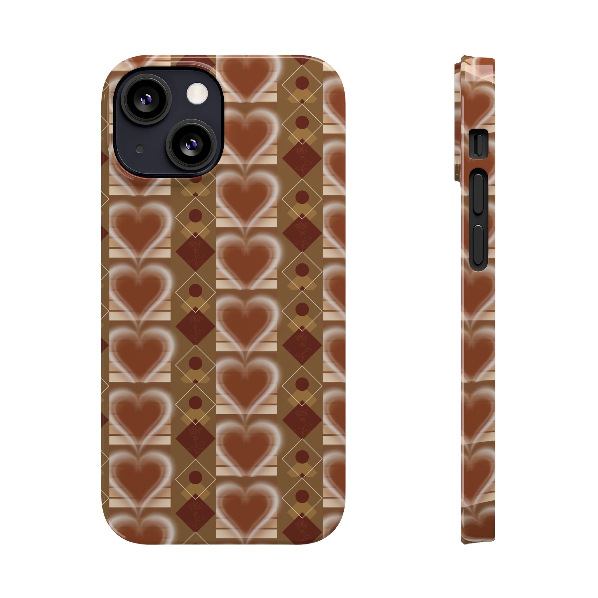 Fall Inspired Phone Case — Retro Brown Heart Pattern Slim Phone Case