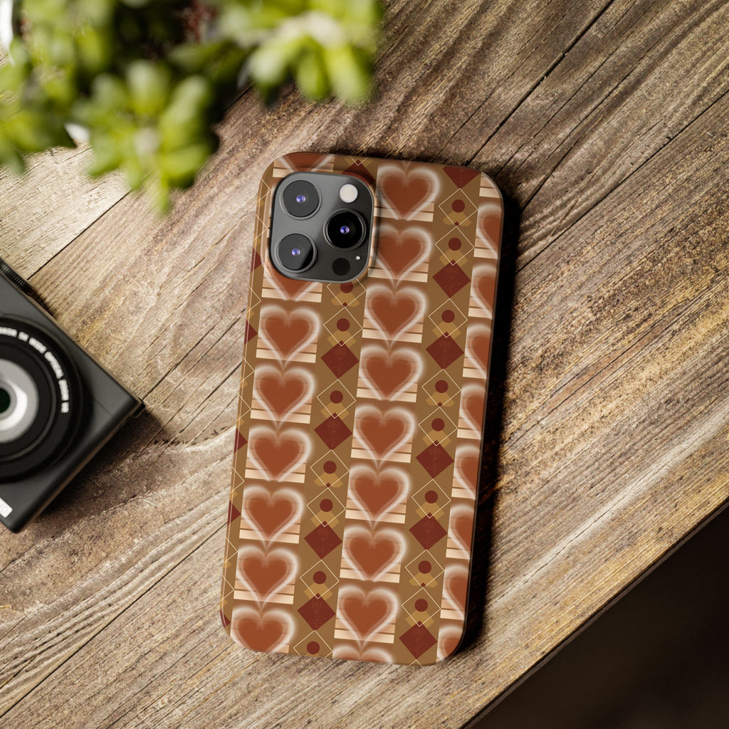 Fall Inspired Phone Case — Retro Brown Heart Pattern Slim Phone Case