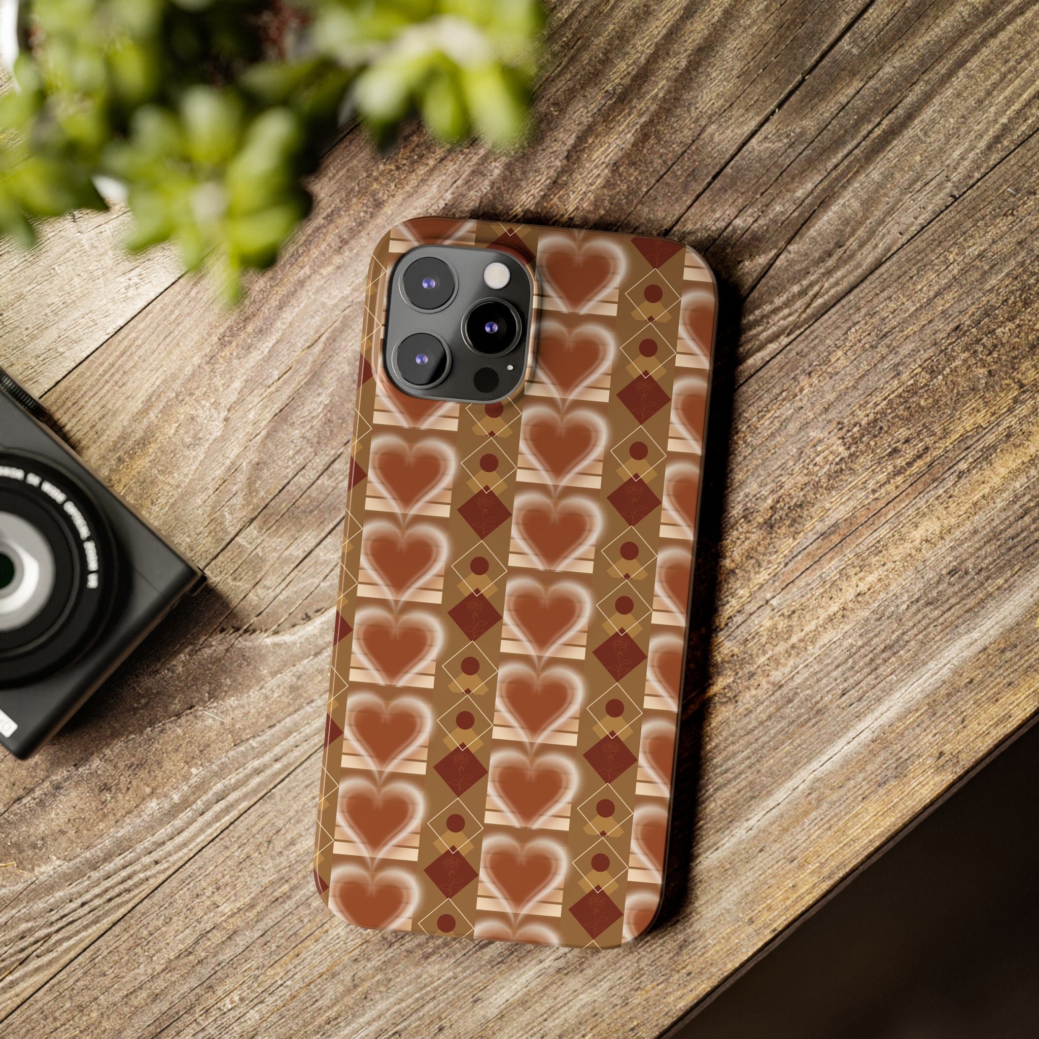 Fall Inspired Phone Case — Retro Brown Heart Pattern Slim Phone Case