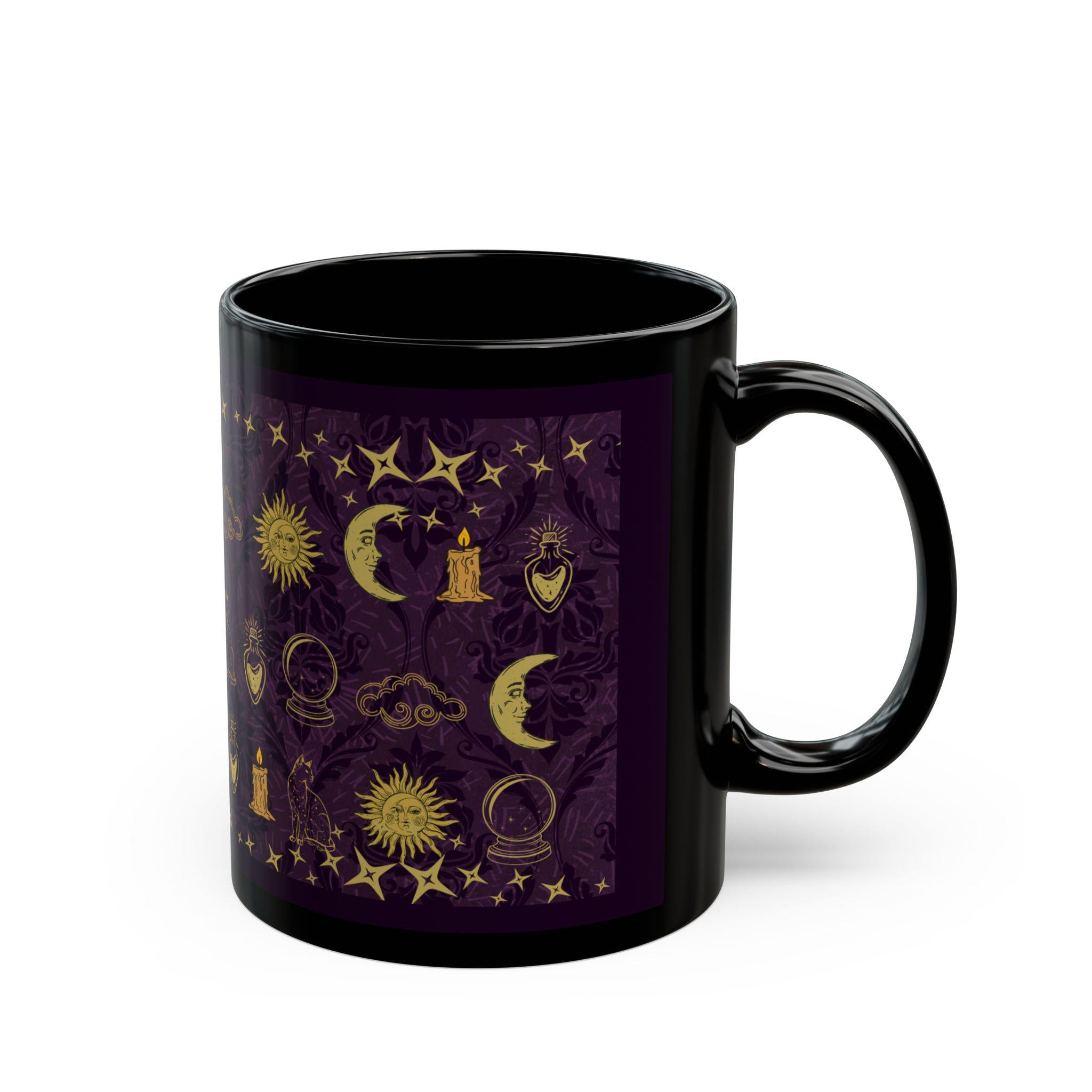 Celestial Mug | Black Coffee Cup with Whimsical Icon Pattern