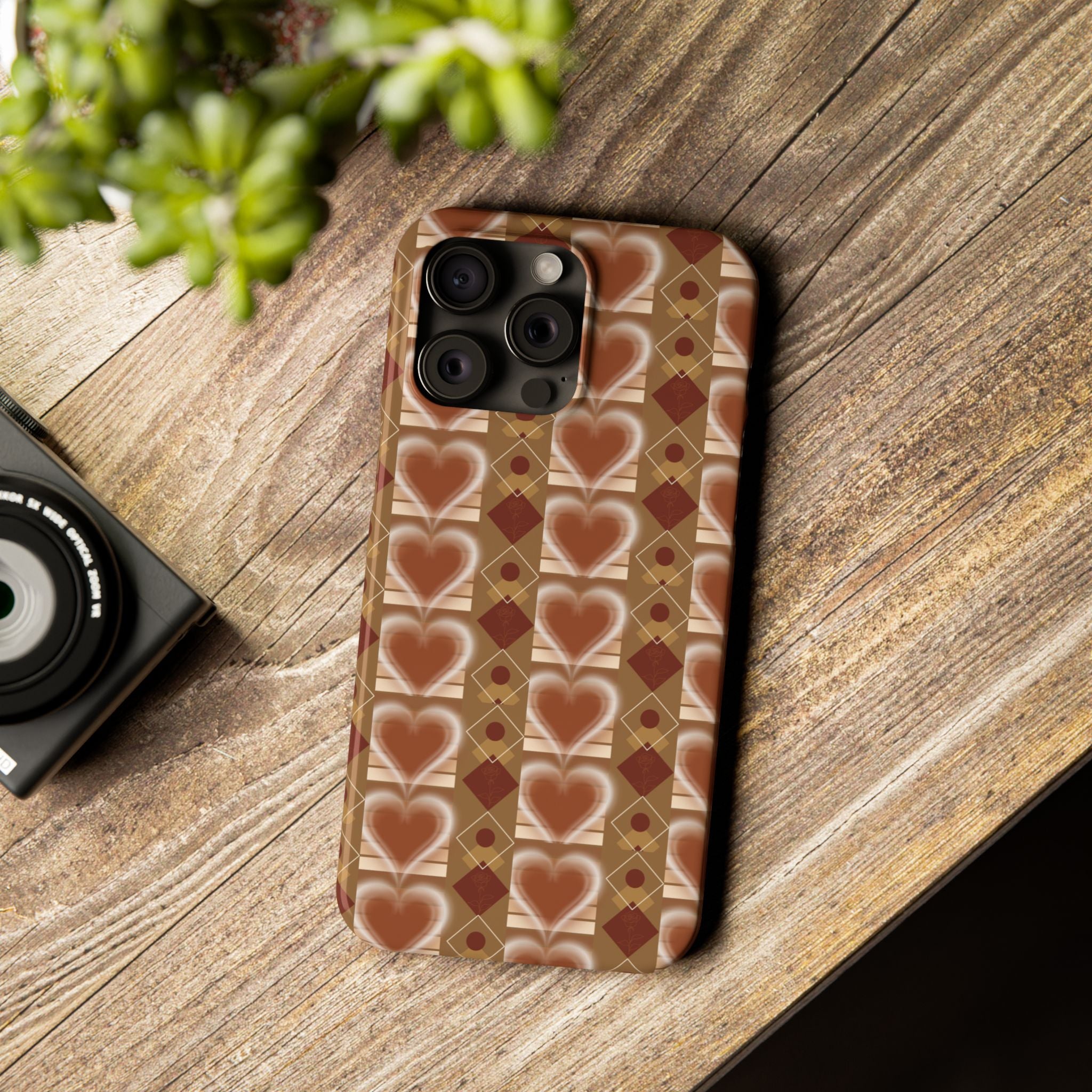 Fall Inspired Phone Case — Retro Brown Heart Pattern Slim Phone Case