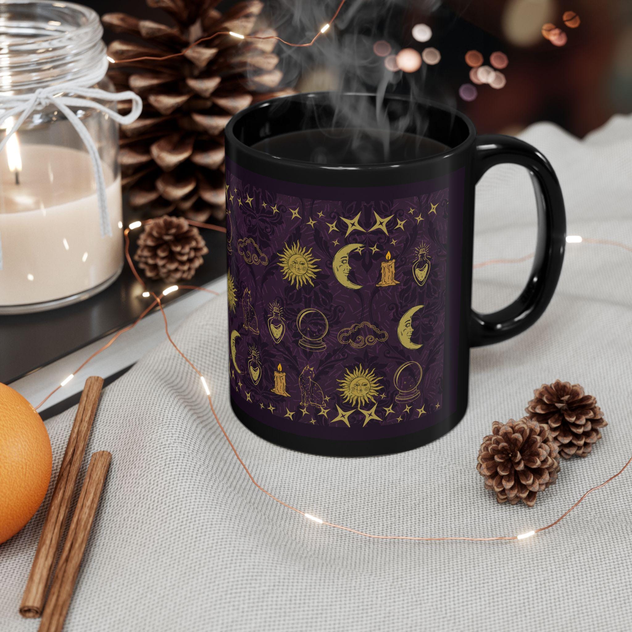 Celestial Mug | Black Coffee Cup with Whimsical Icon Pattern