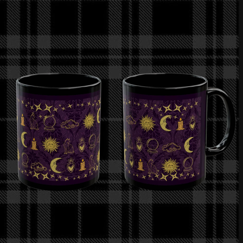 Celestial Mug | Black Coffee Cup with Whimsical Icon Pattern