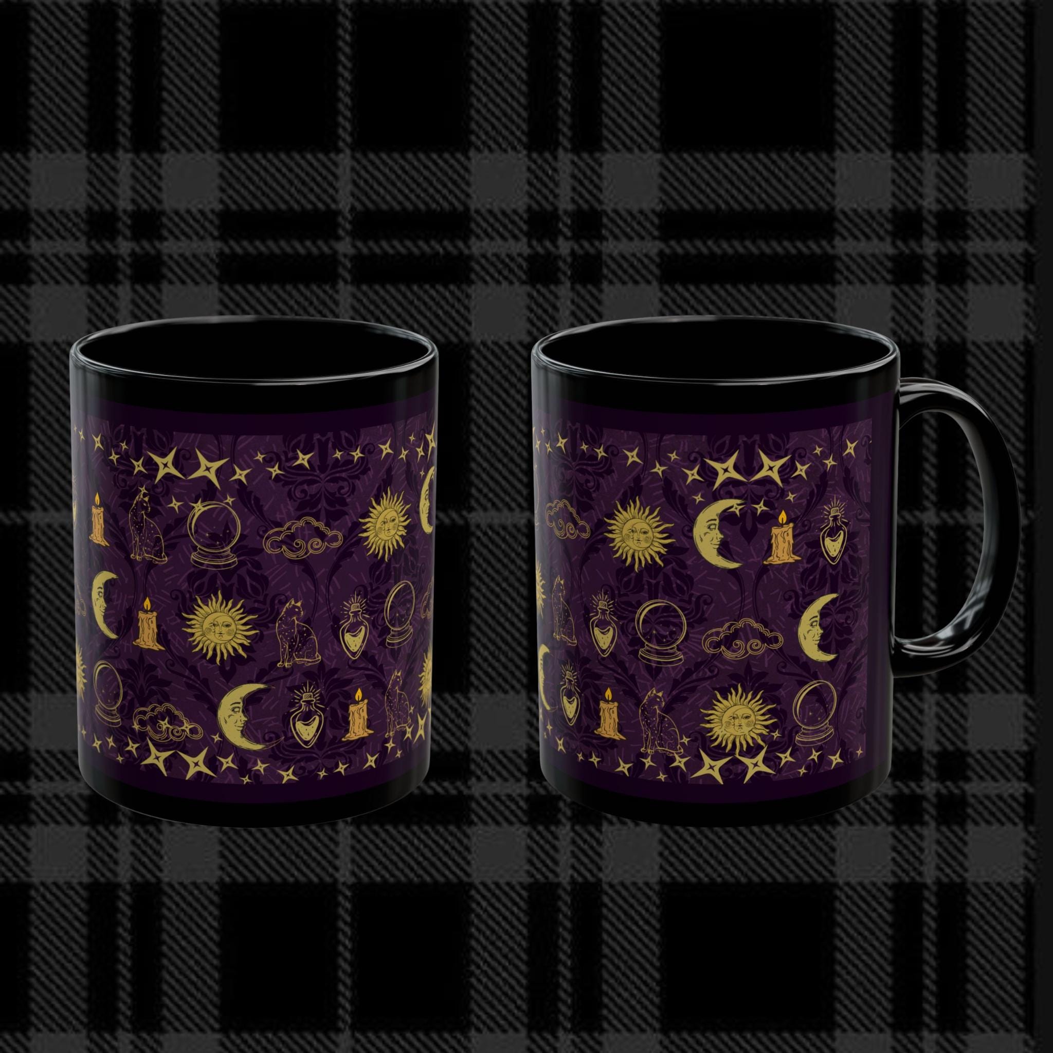 Celestial Mug | Black Coffee Cup with Whimsical Icon Pattern