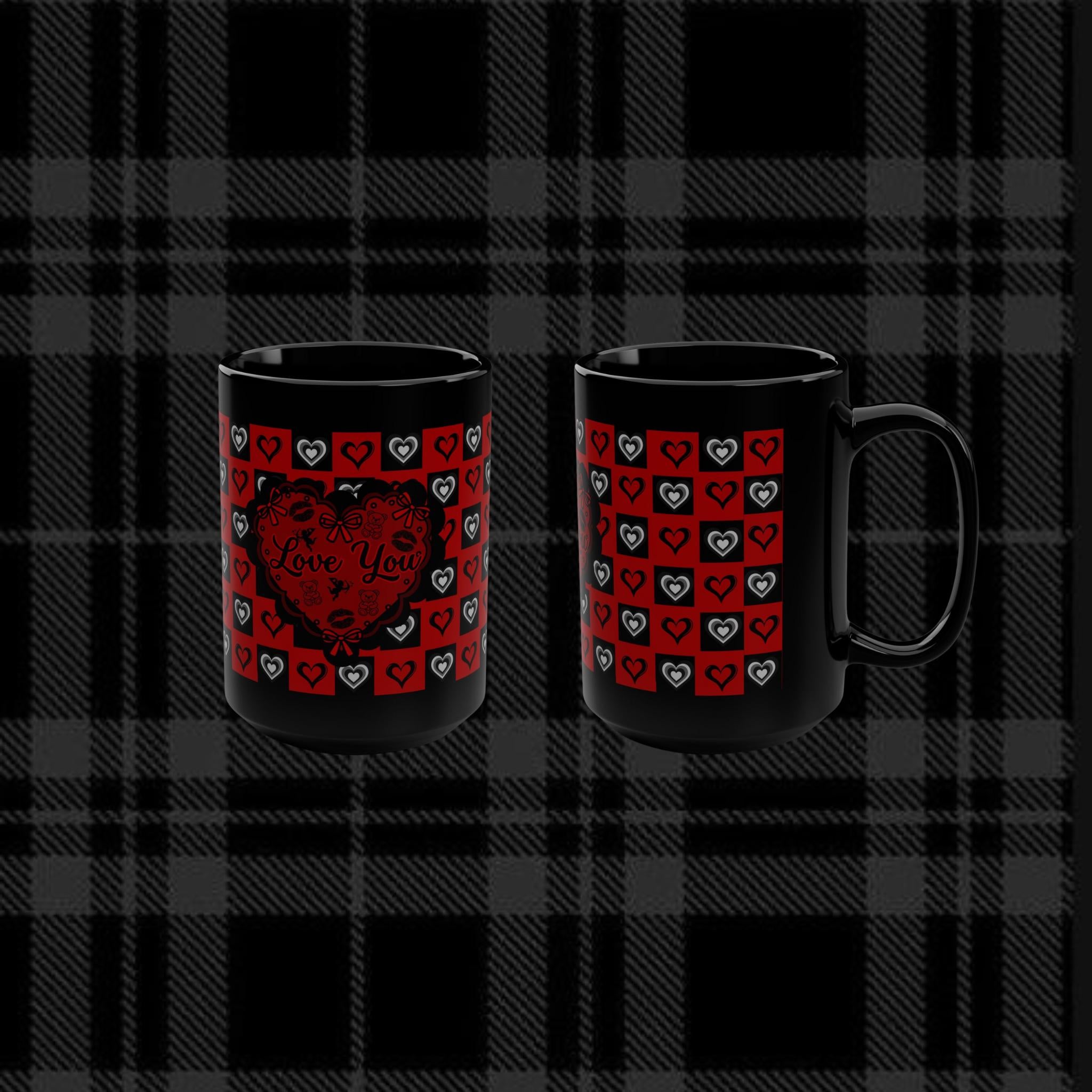 Valentine's Day Inspired "Love You" Mug | 15oz Black Ceramic Heart Patterned