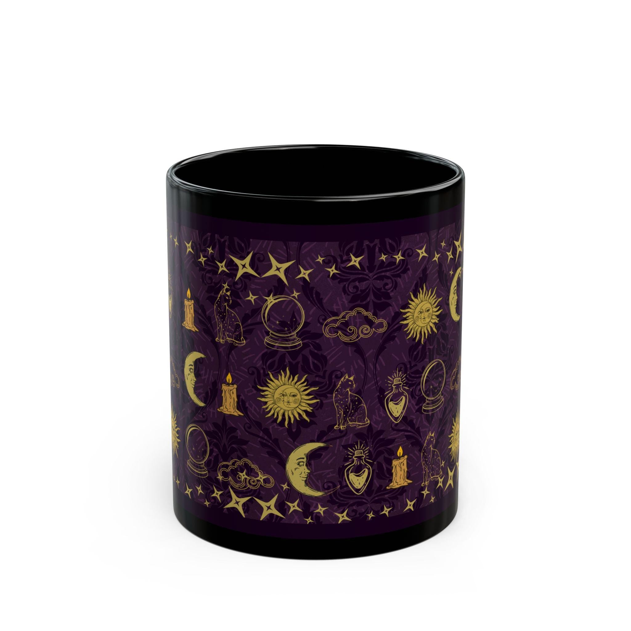 Celestial Mug | Black Coffee Cup with Whimsical Icon Pattern