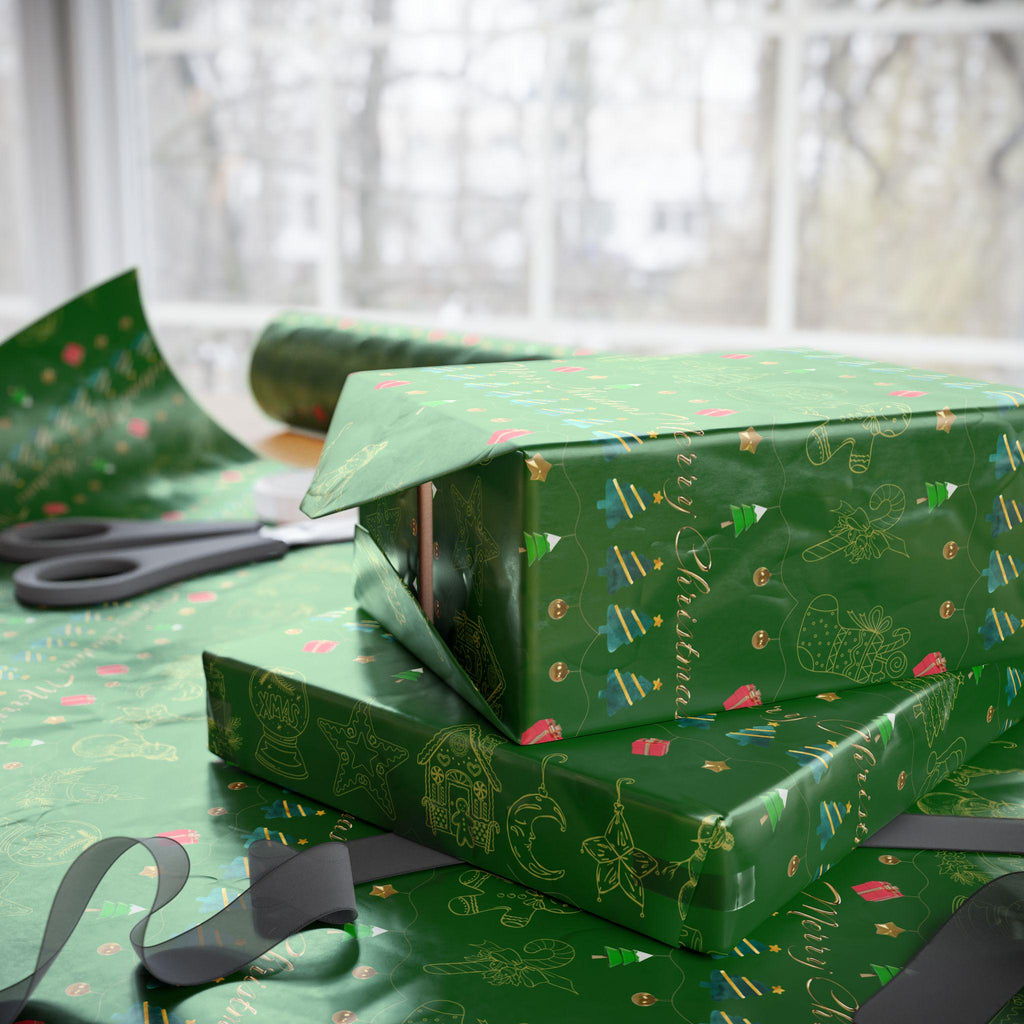 Festive Holiday Wrapping Paper | Green and Gold Christmas Gift Wrap