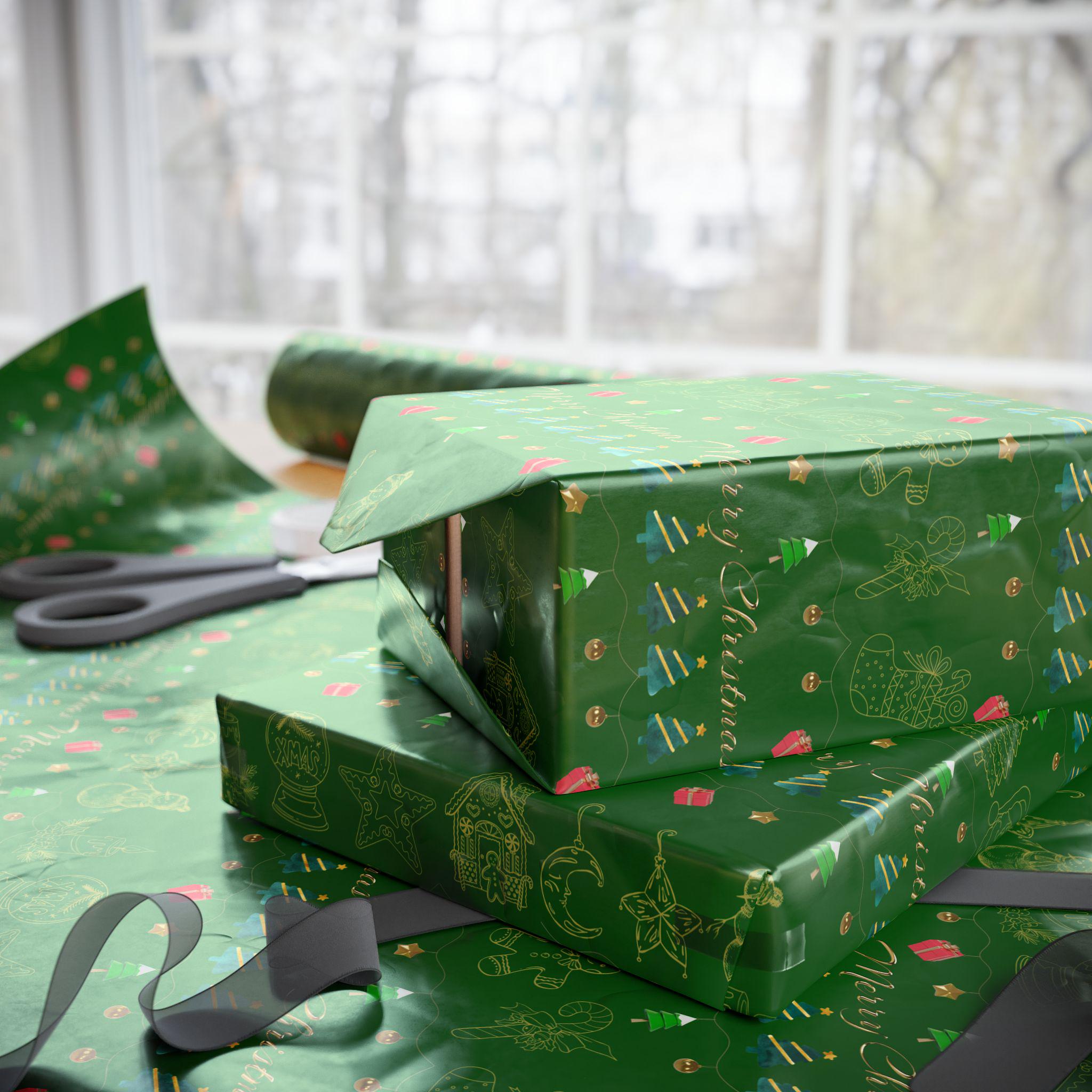 Festive Holiday Wrapping Paper | Green and Gold Christmas Gift Wrap