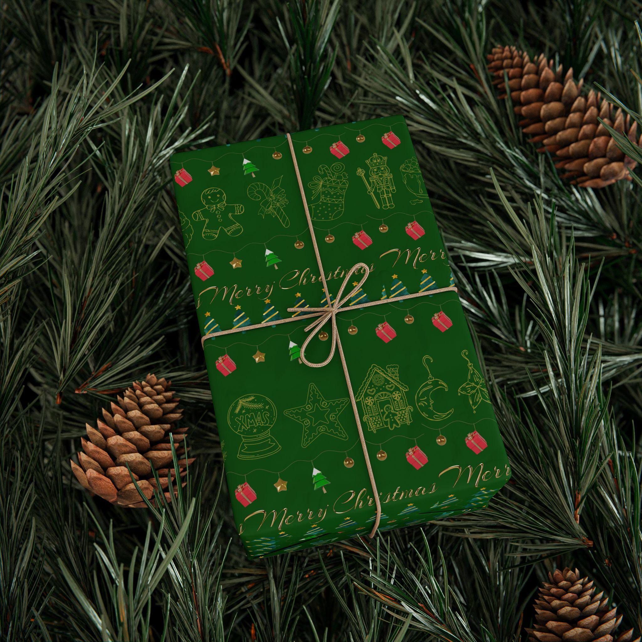 Festive Holiday Wrapping Paper | Green and Gold Christmas Gift Wrap