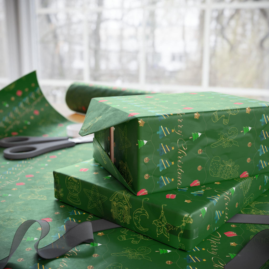 Festive Holiday Wrapping Paper | Green and Gold Christmas Gift Wrap